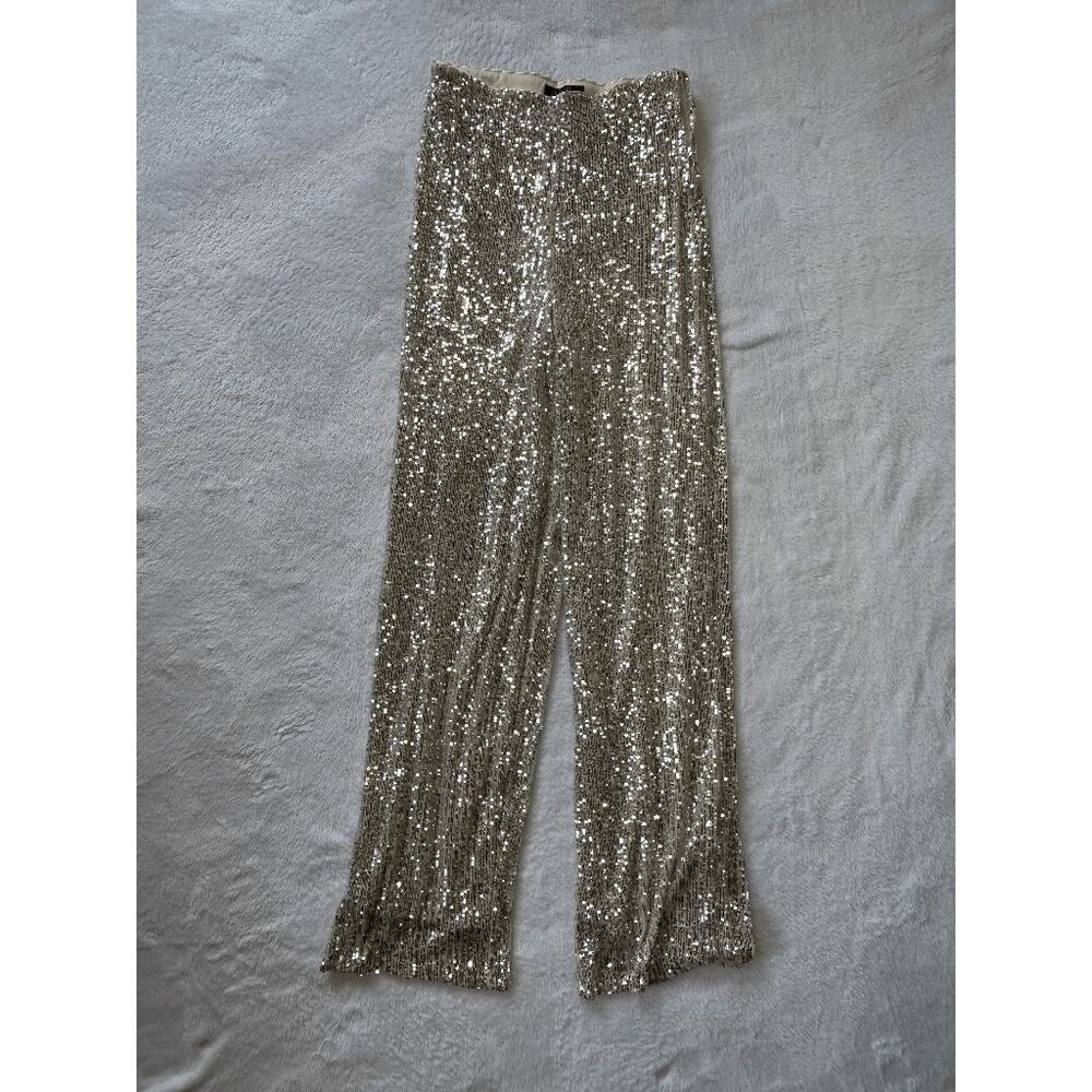 Crystal Sky Silver Sequined Glitter Dress Pants Size S Flowy, Swishy Cyber